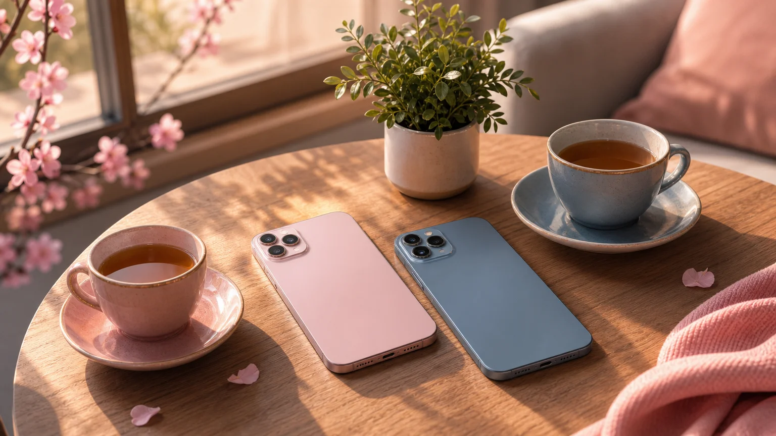 Dois celulares virados para baixo sobre uma mesa de madeira ao lado de duas xícaras de chá e uma pequena planta
