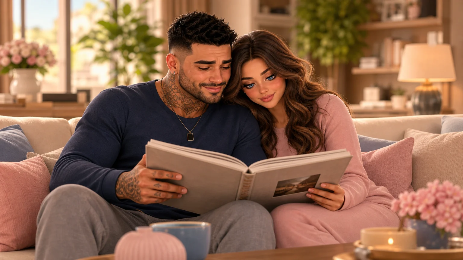 Luna and Marco looking through a photo album together on a sofa, smiling nostalgically