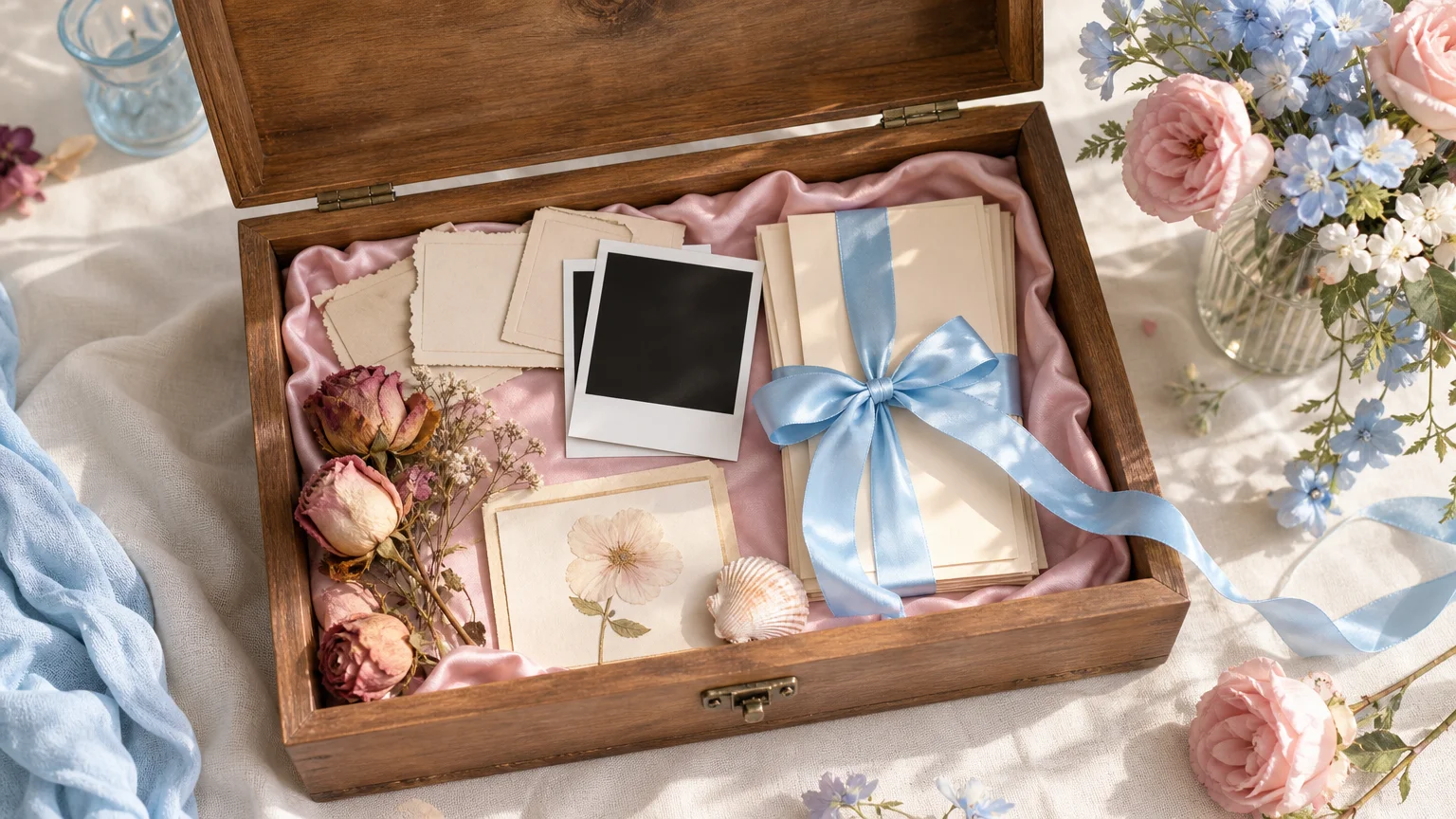 Caixa de lembranças aberta com fotos, rosas secas e cartas amarradas com fita azul