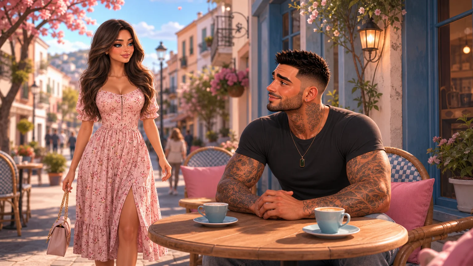 Marco esperando em uma mesa de café com duas xícaras enquanto Luna chega e ele sorri para ela