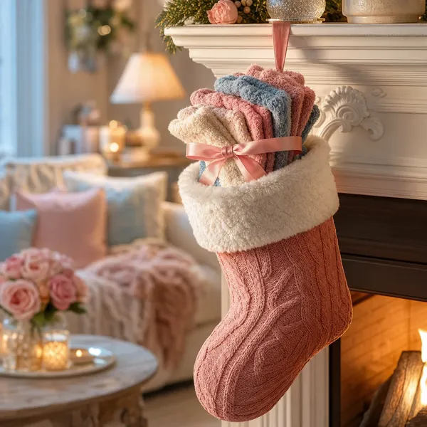 Meias coloridas felpudas dentro de uma bota de Natal