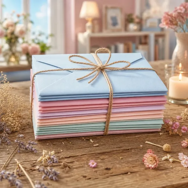 Bundle of sealed pastel envelopes tied with twine