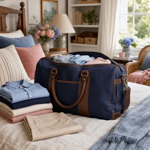 Navy canvas weekender bag being packed on a bed