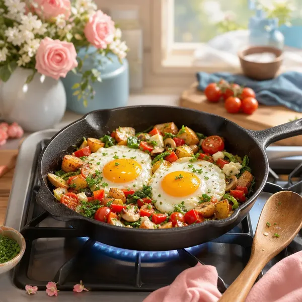 Frigideira de ferro fundido com ovos e legumes no fogão