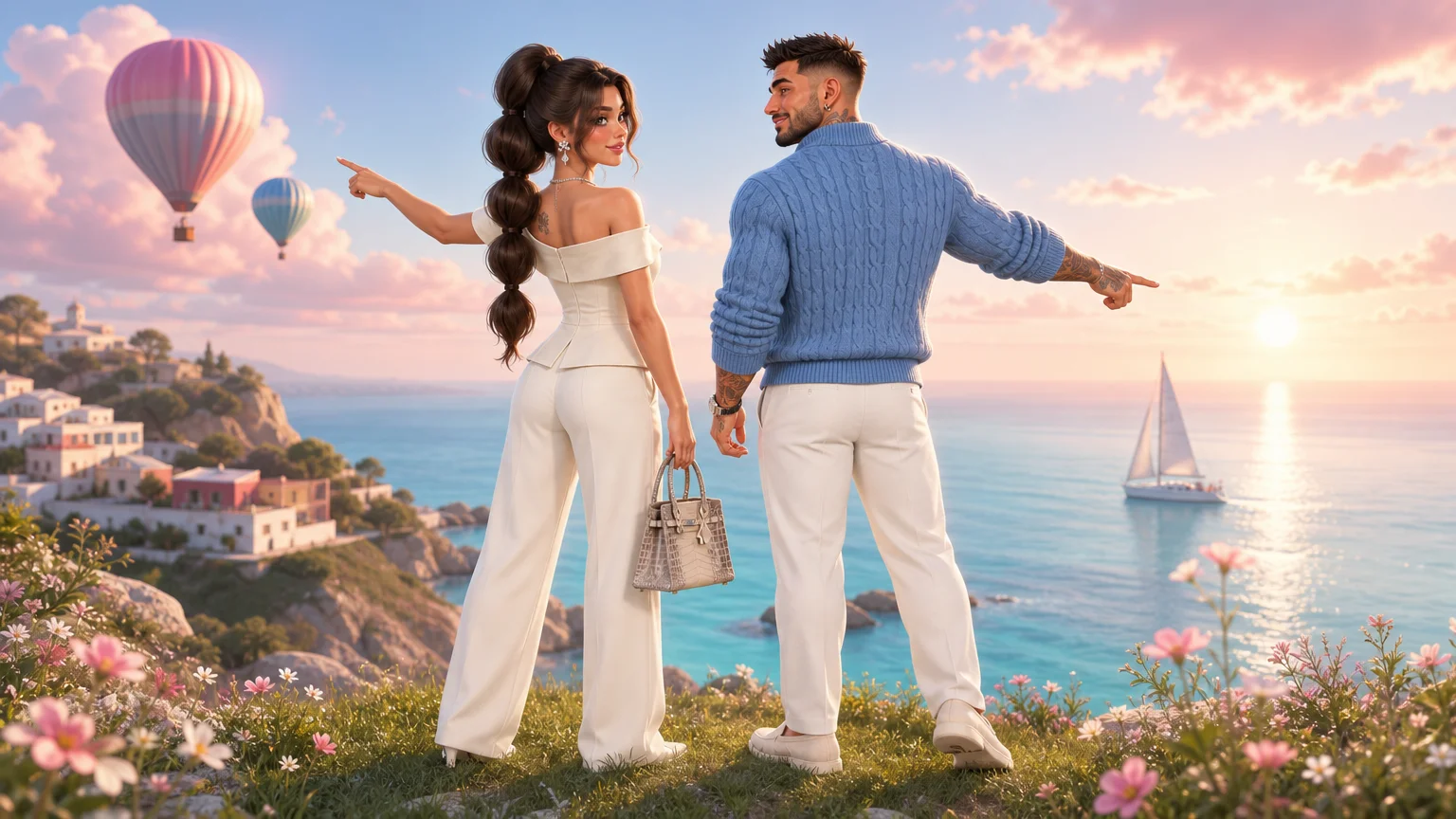 Luna pointing at hot air balloons and Marco pointing at a sailboat from a seaside hilltop at sunrise