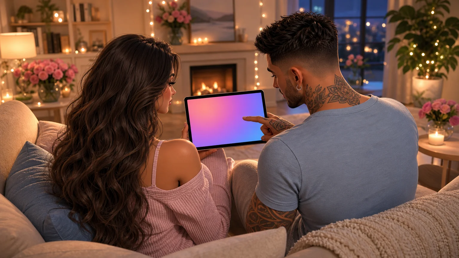 Luna and Marco seen from behind on a cozy sofa looking at a tablet together while Marco points at the screen