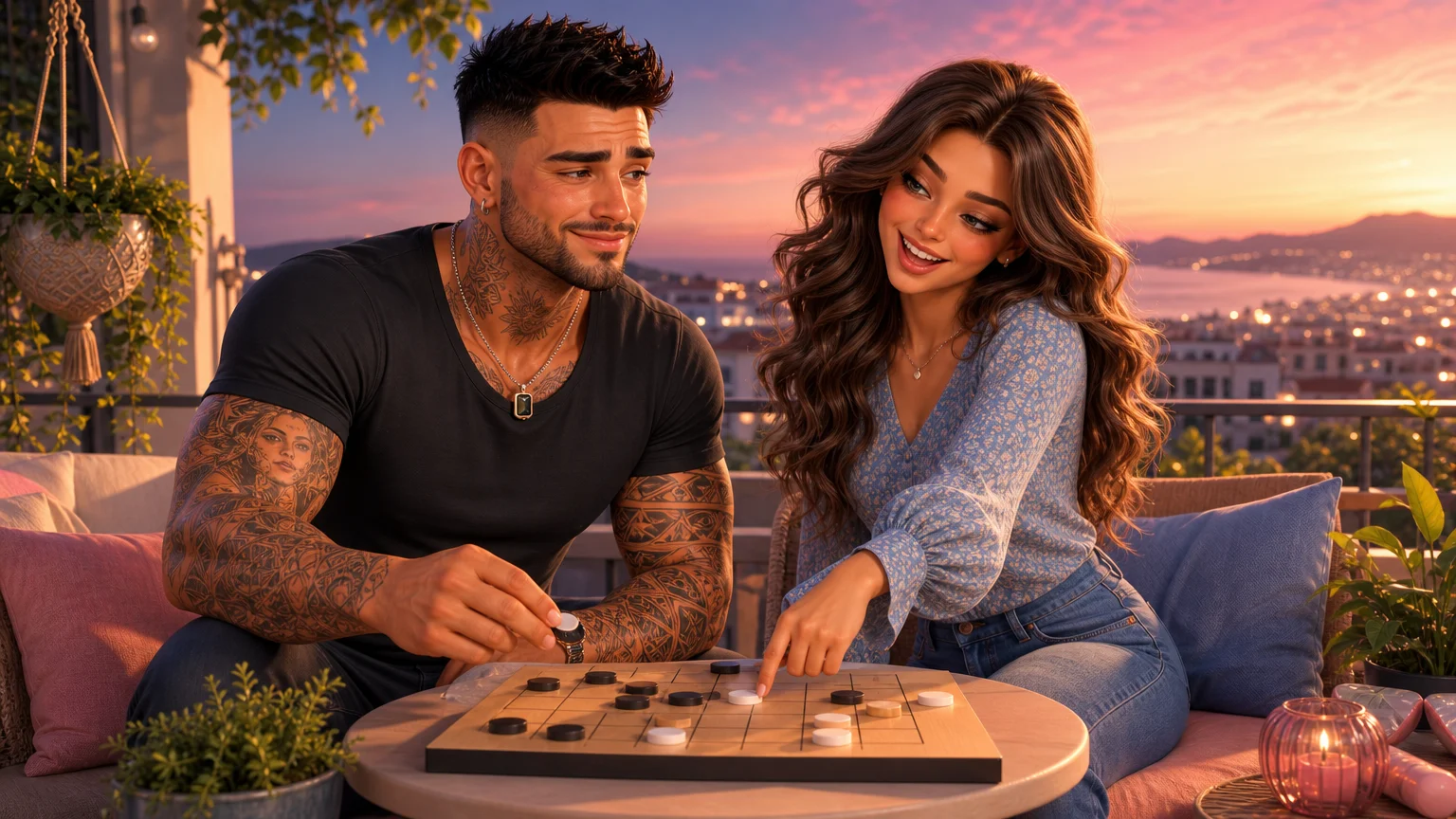 Luna e Marco rindo enquanto jogam um jogo de tabuleiro em uma mesinha na varanda ao pôr do sol