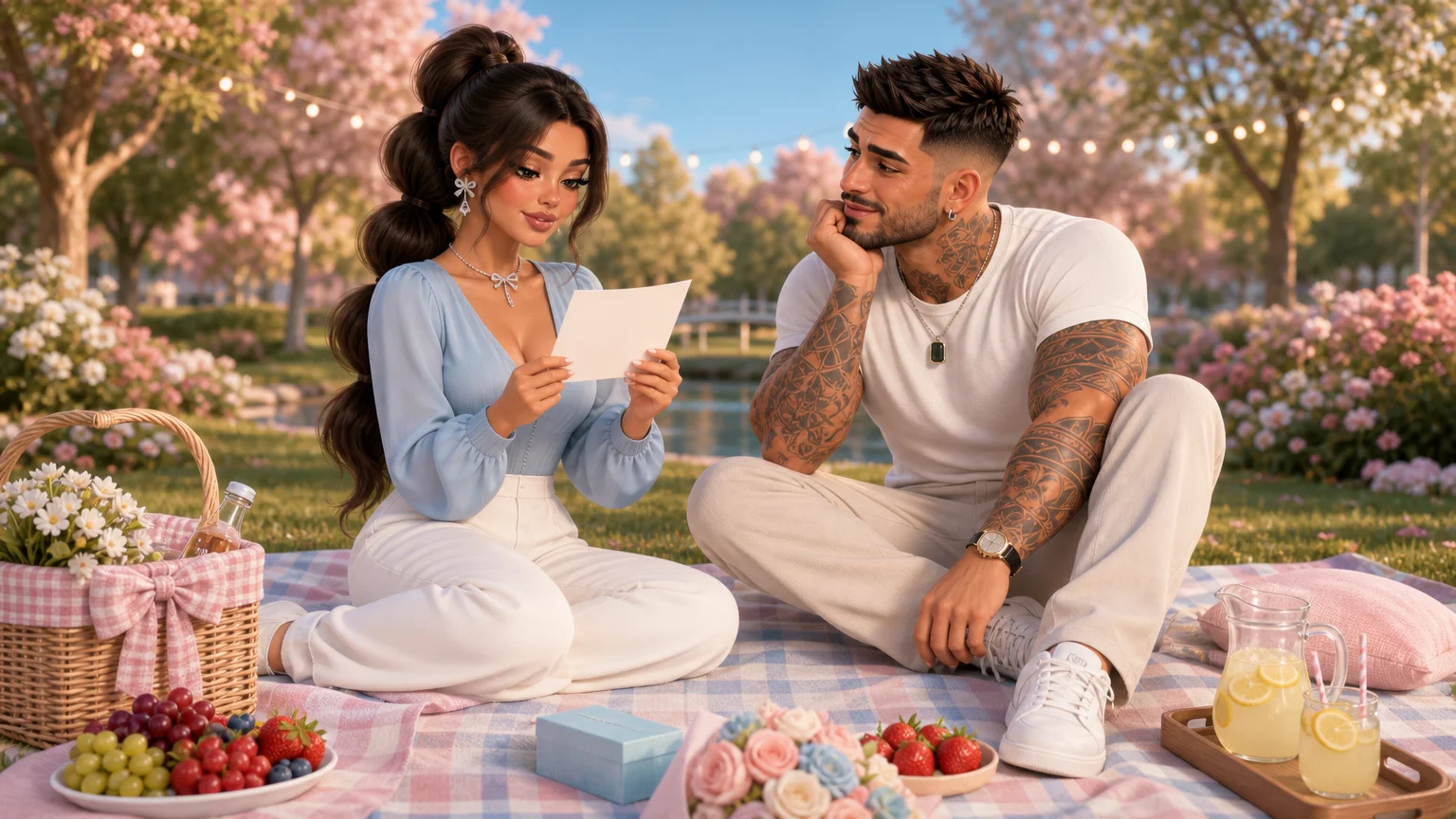 Luna reading a question card to Marco on a picnic blanket in the park