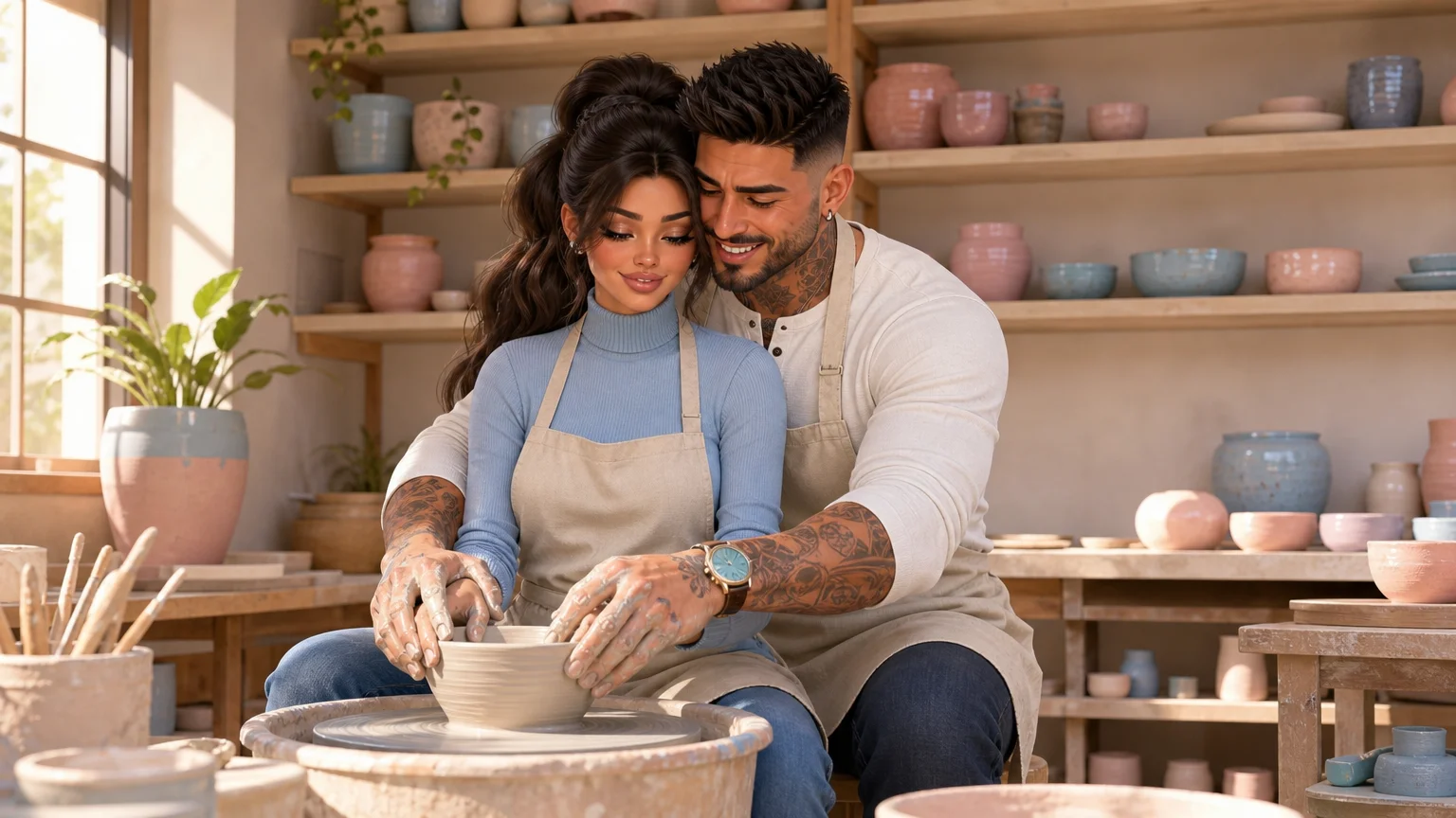 Luna and Marco shaping clay together at a pottery wheel during a class