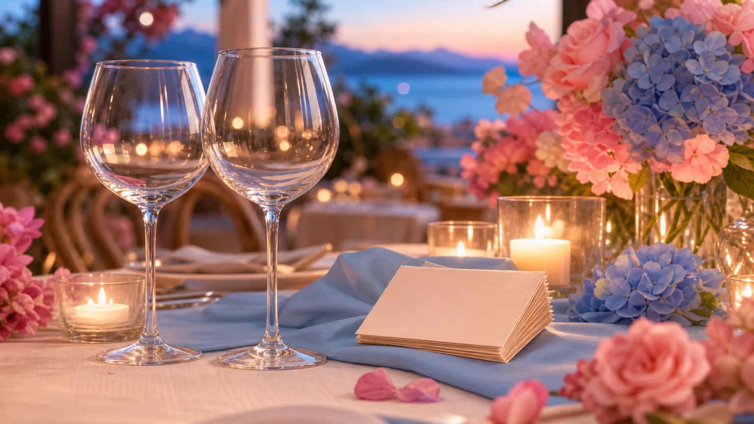 Duas taças de vinho e uma pequena pilha de cartões em branco sobre uma mesa à luz de velas com flores