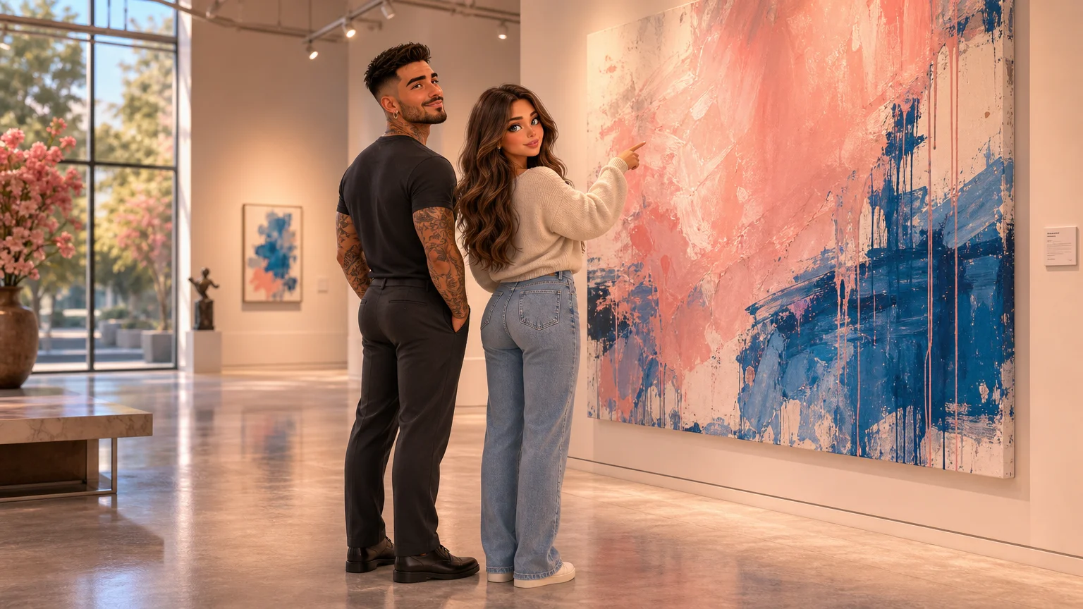 Luna and Marco looking at a large abstract painting together in an art gallery