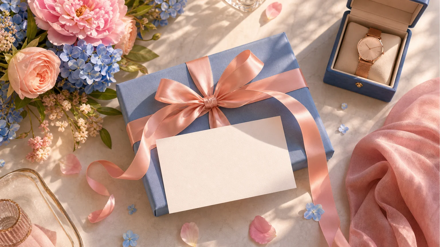 Flat lay de uma caixa de presente embrulhada com laço rosa, um cartão em branco, flores frescas e uma pequena caixa de relógio sobre uma mesa clara
