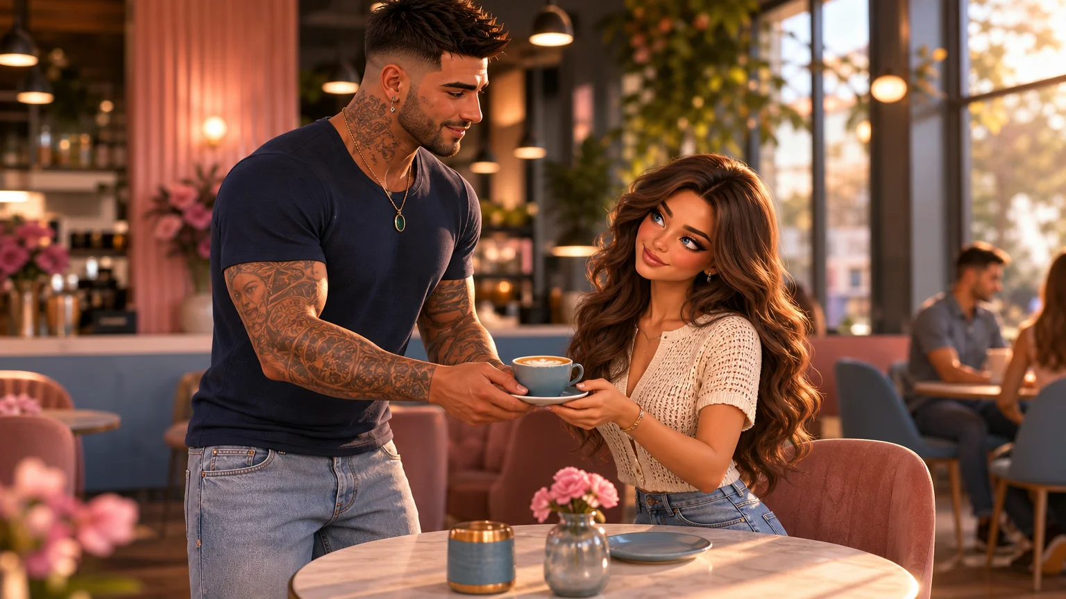 Marco entregando uma xícara de café a Luna enquanto ela sorri com carinho em um café aconchegante