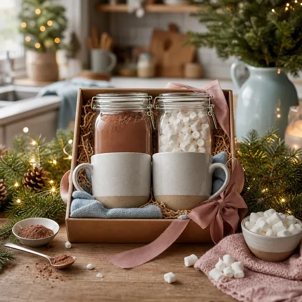 Kit de chocolate quente com marshmallows e duas canecas