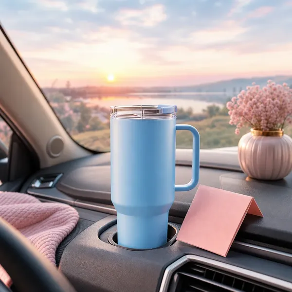 Caneca térmica azul-clara no console do carro ao amanhecer
