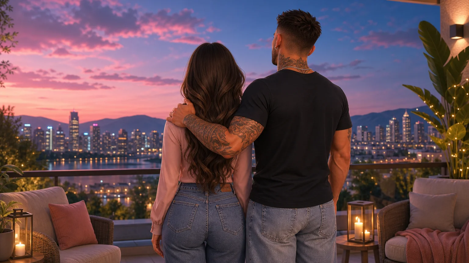Luna e Marco de costas em uma varanda ao entardecer, com Marco apoiando delicadamente a mão no ombro dela enquanto as luzes da cidade se acendem