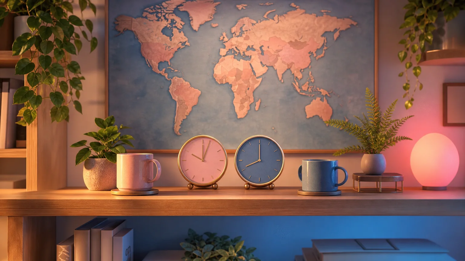 Two clocks showing different times on a shelf with a world map, small plants and two mugs