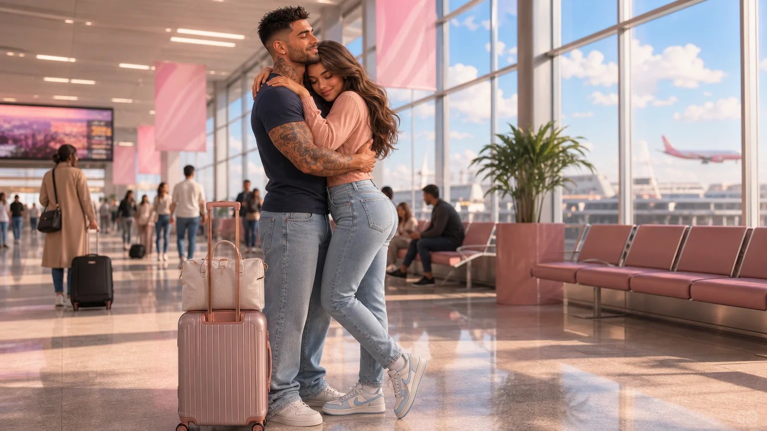 Luna and Marco hugging at an airport arrivals hall after being apart, seen from the side with luggage beside them