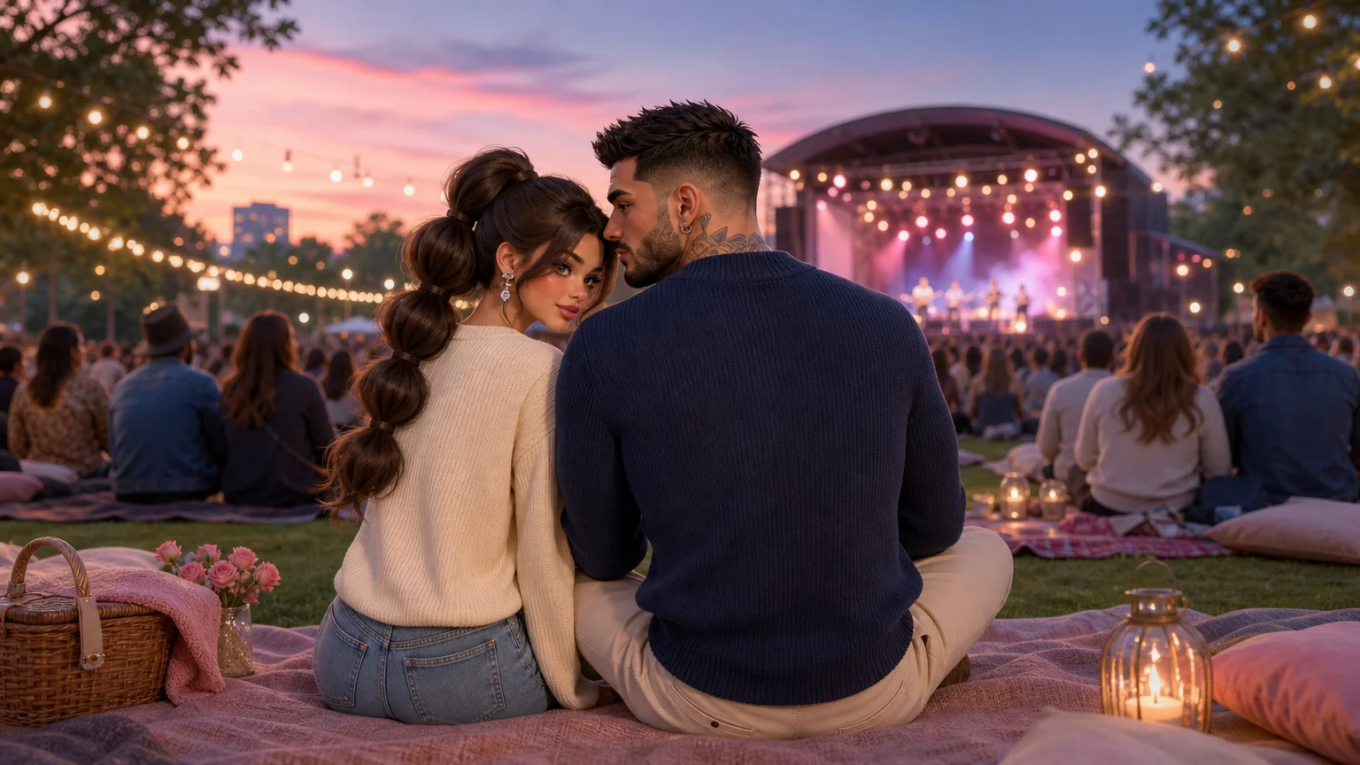 Luna and Marco sitting on a blanket at an outdoor concert at dusk, seen from behind