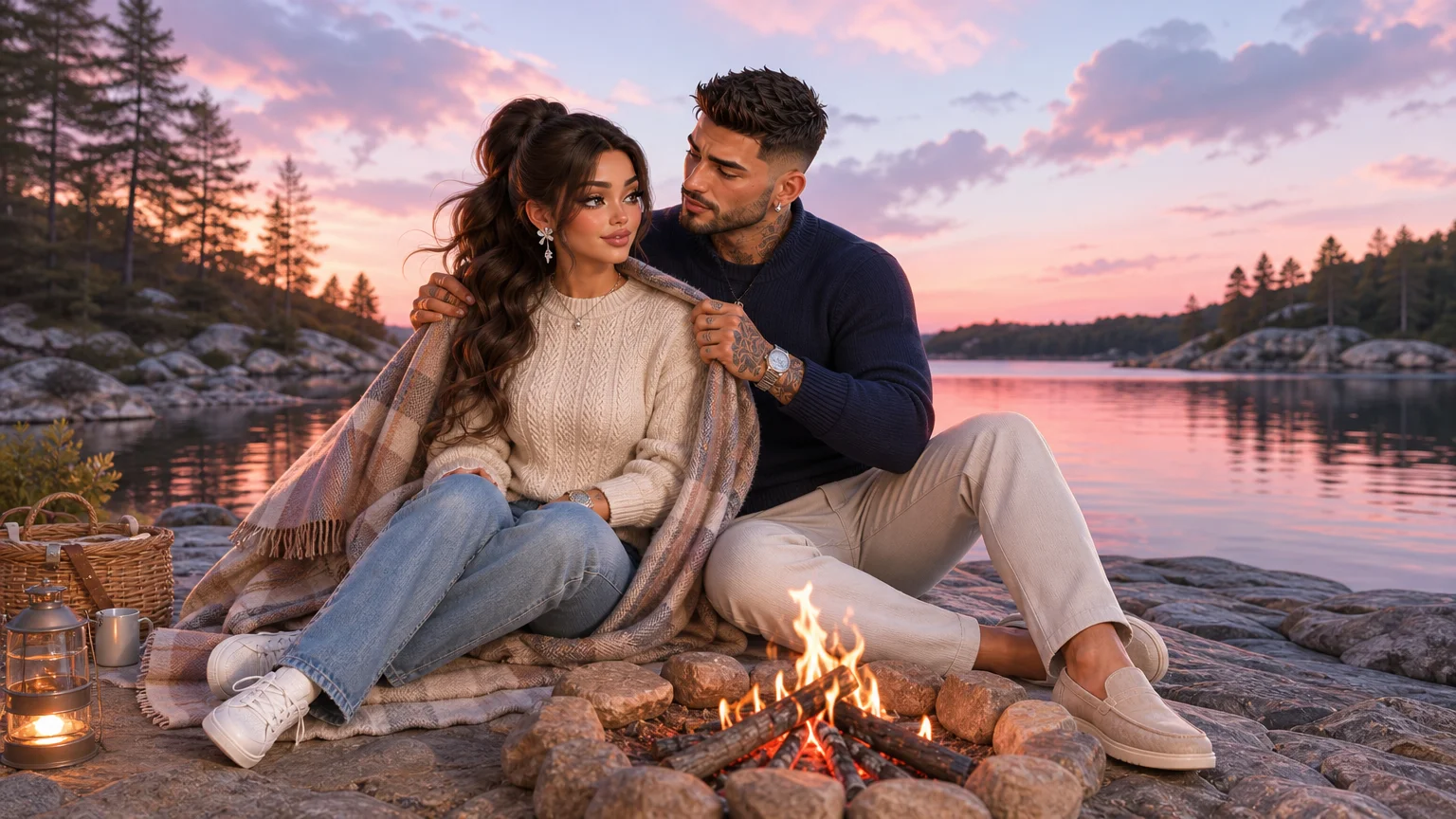 Luna e Marco sentados à beira de um lago ao pôr do sol ao lado de uma pequena fogueira