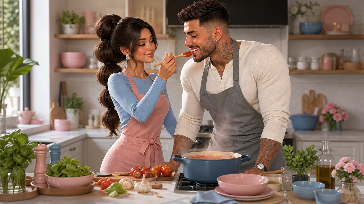 Luna oferecendo a Marco um gostinho do molho enquanto cozinham juntos