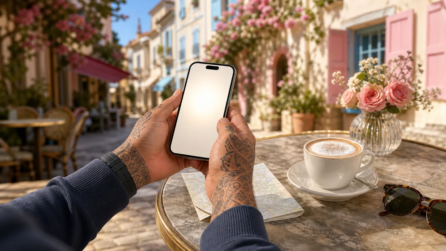 Tattooed hands holding a phone at a sunny cafe table in an old European town