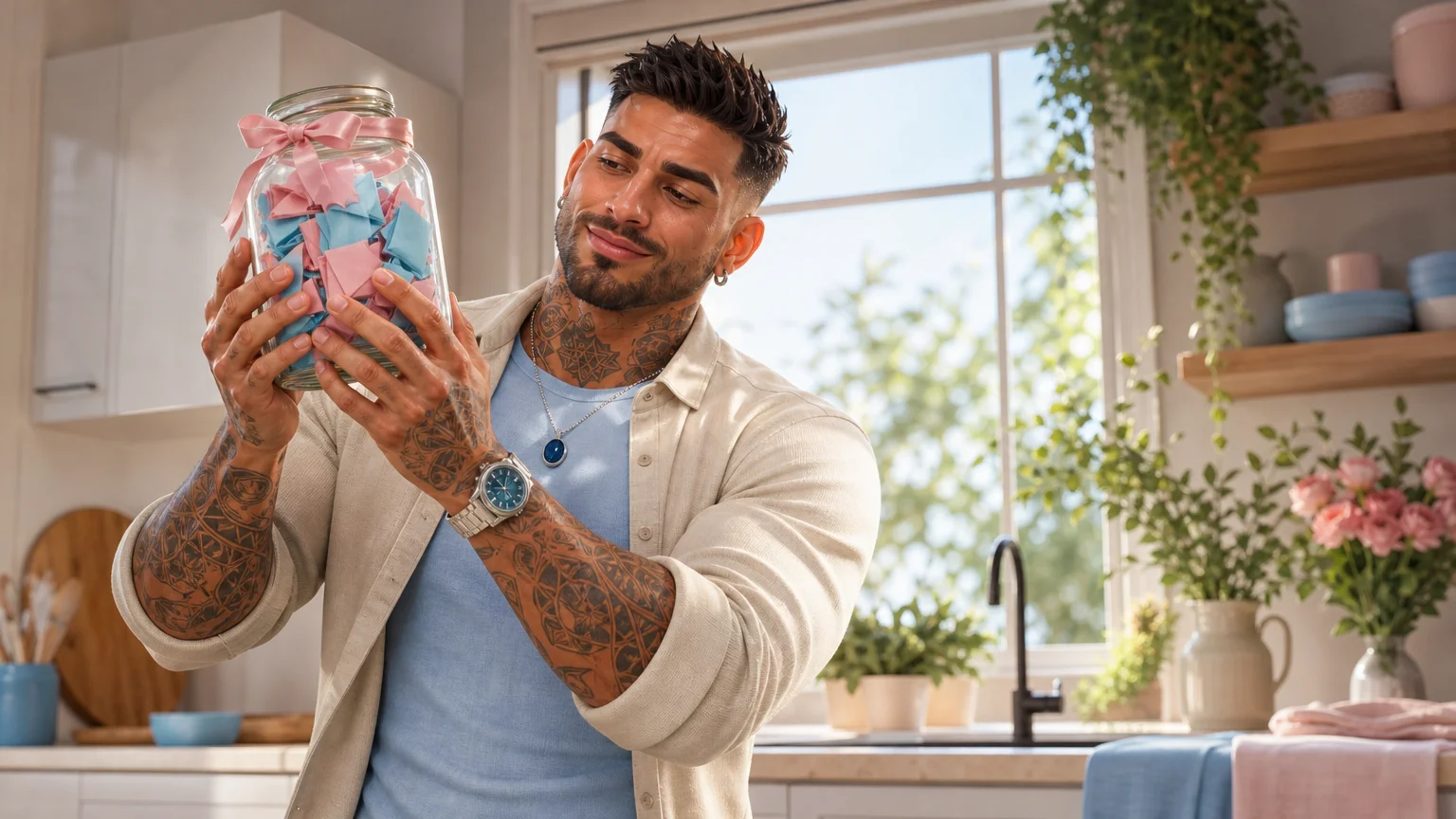 Marco smiling as he holds a glass jar full of folded pink and blue notes