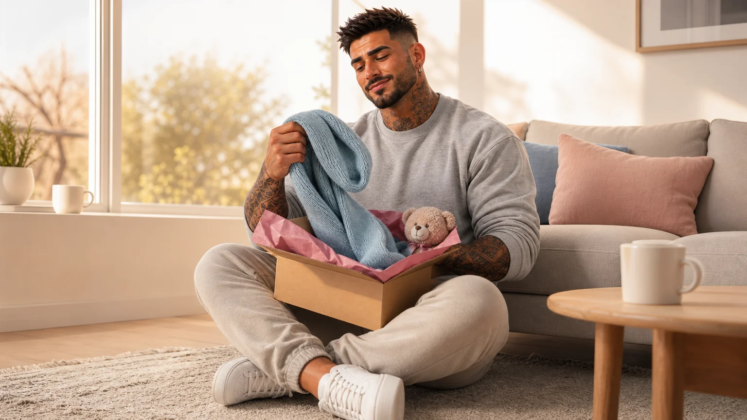 Marco smiling as he opens a care package and holds up a blue knit scarf