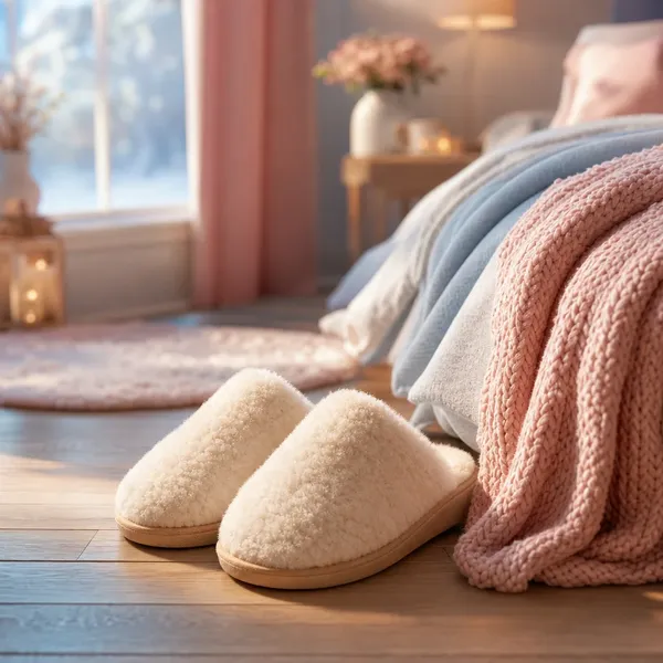 Pantufas fofas cor creme ao lado da cama numa manhã de inverno