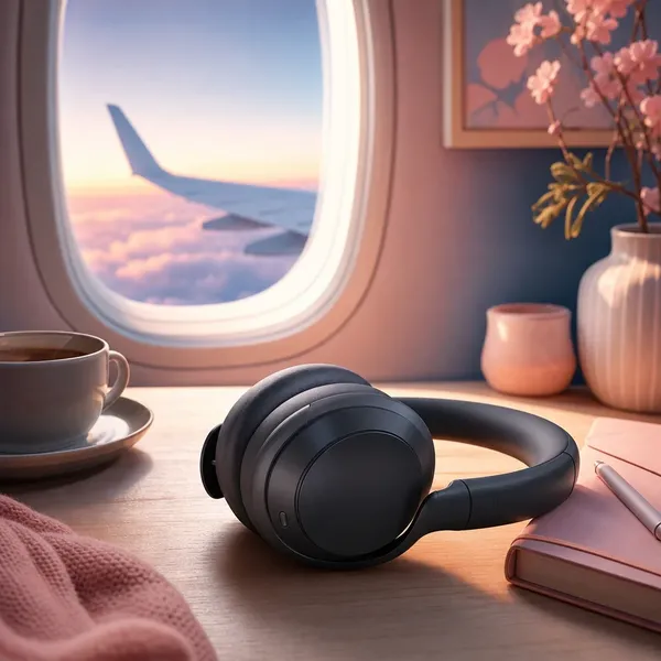 Fones de ouvido pretos sobre a mesa ao lado de um café
