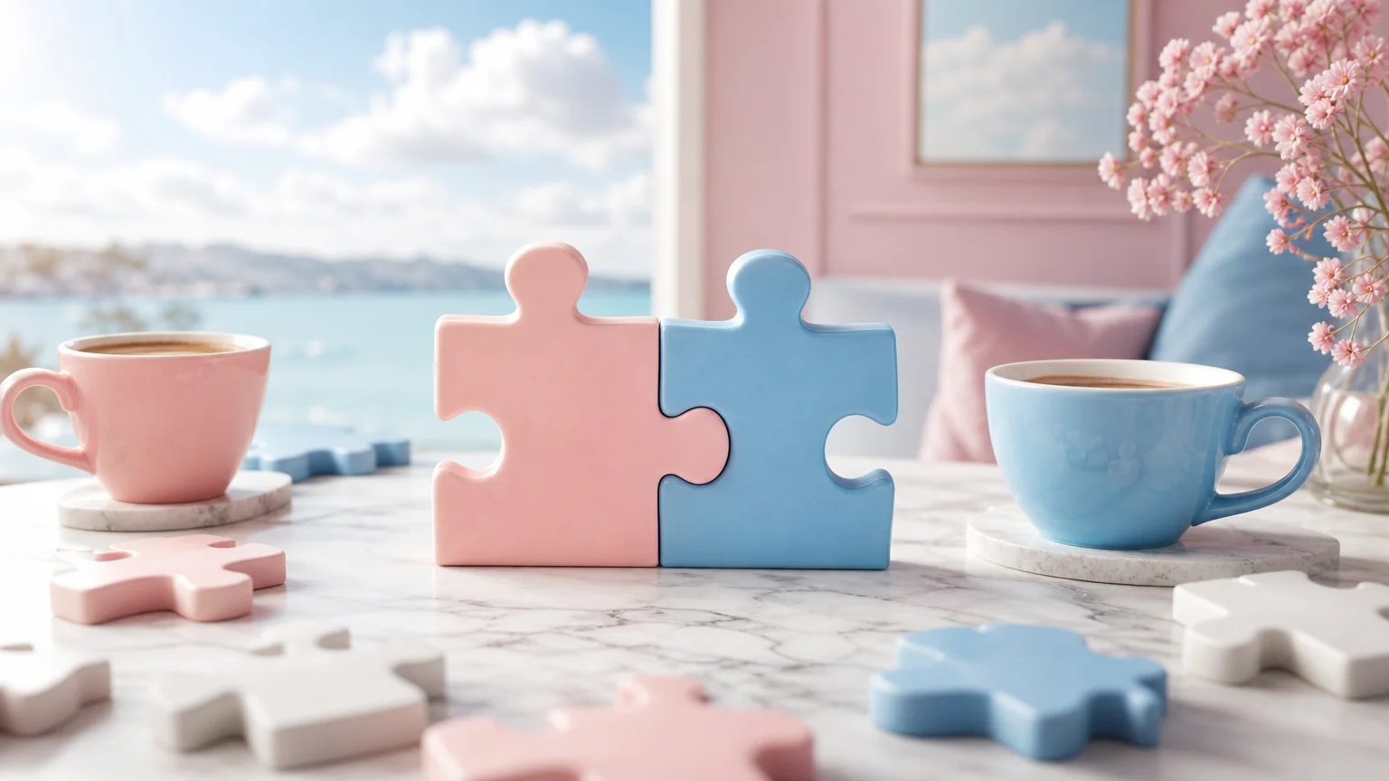 A pink and a blue puzzle piece fitting together on a marble table