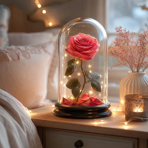 Rosa preservada sob uma cúpula de vidro na mesa de cabeceira