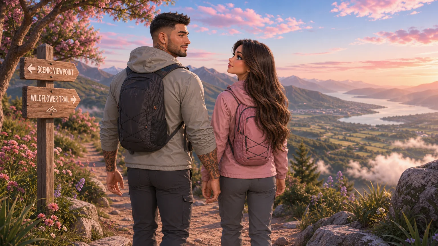 Luna and Marco hiking together on a mountain trail seen from behind, looking at a wide valley