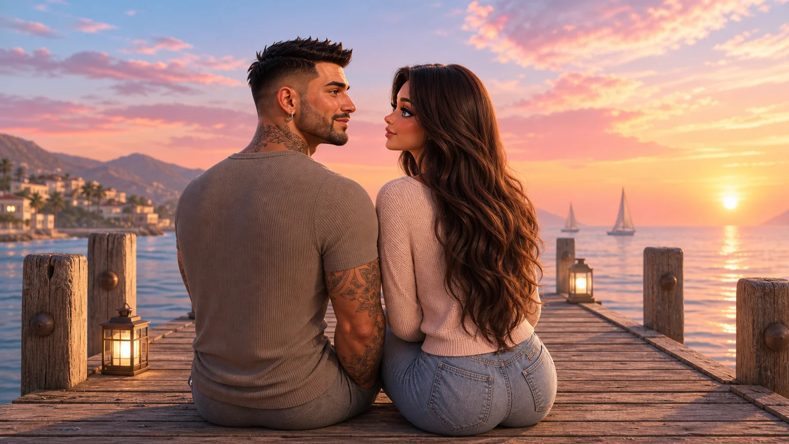 Luna e Marco sentados em um píer de madeira ao pôr do sol, conversando com calma, com o mar à frente