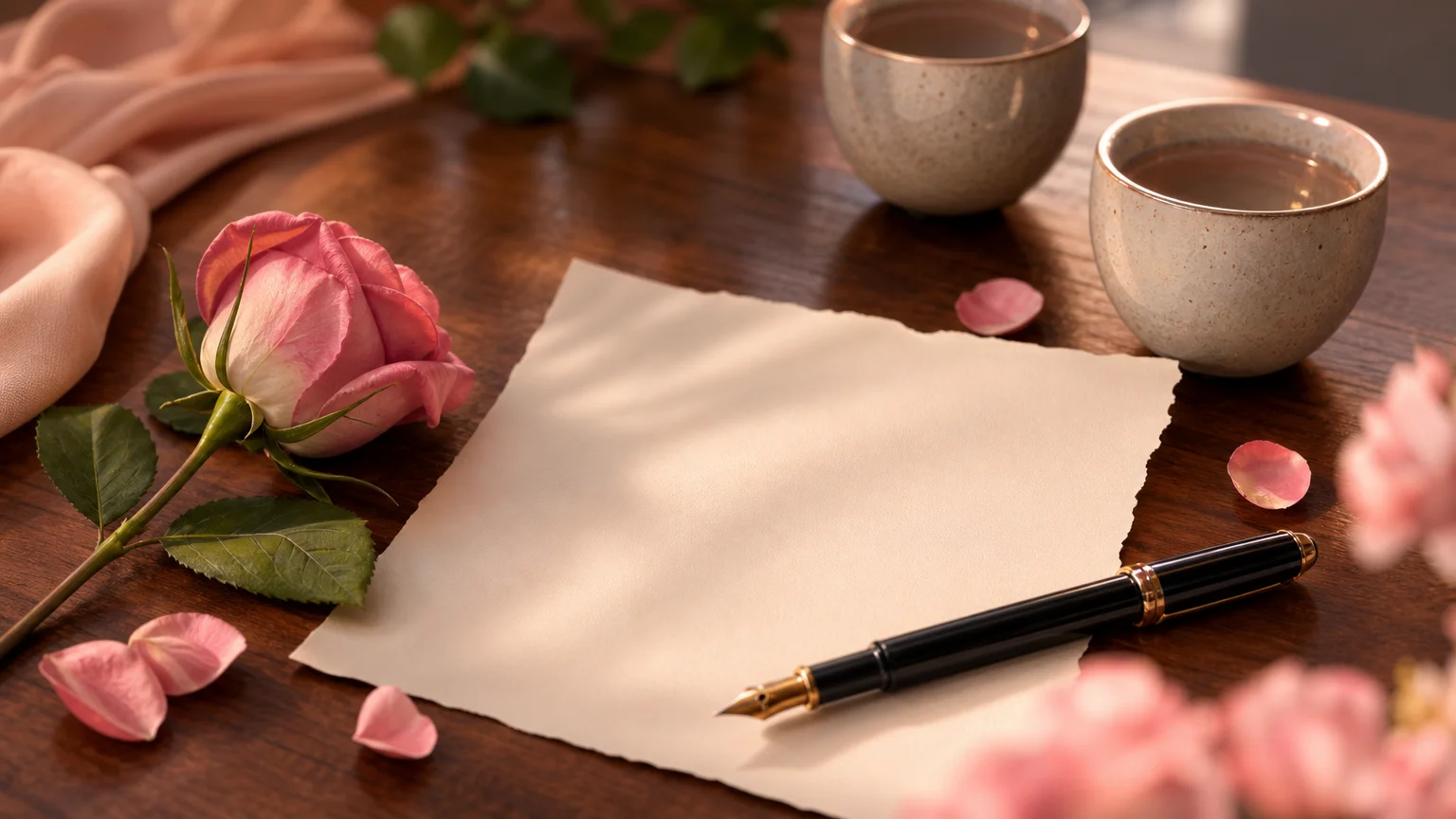 Flat lay of a blank love letter, a fountain pen, a rose and two cups on a wooden table