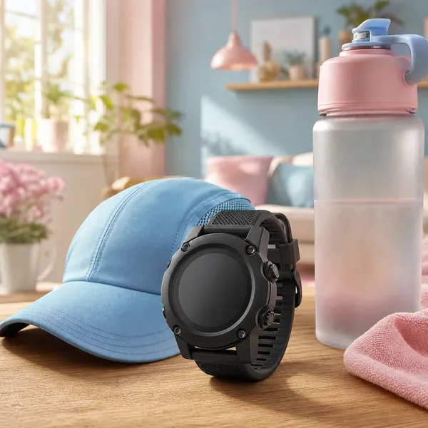Rugged black digital sports watch next to a running cap