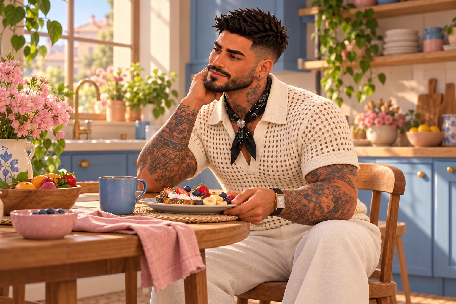 Marco tomando um café da manhã simples em casa e retomando pequenos cuidados após o término.