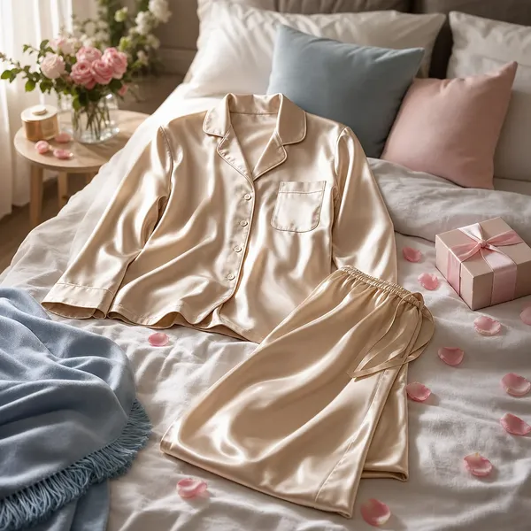 Pijama de cetim champanhe sobre a cama com pétalas de rosa