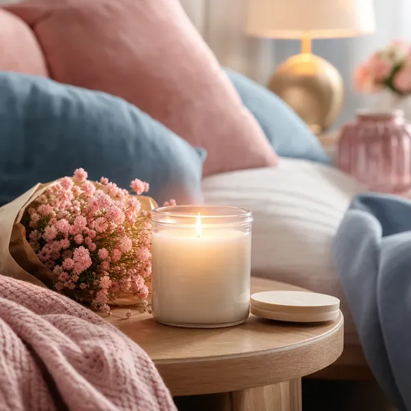 Lit scented candle in a glass jar on a bedside table with pink flowers