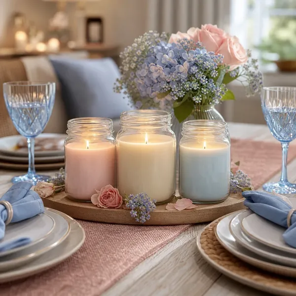 Três velas aromáticas acesas numa mesa posta para dois