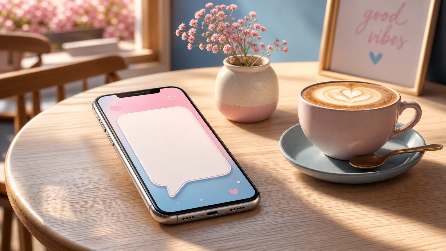 Um smartphone com um balão de conversa em branco ao lado de uma xícara de café e uma pequena flor em uma mesa de café