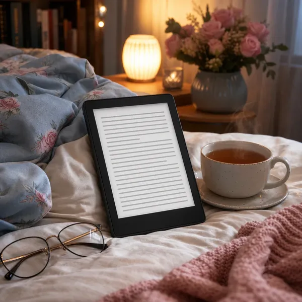 Slim e-reader on a cozy bed next to a cup of tea