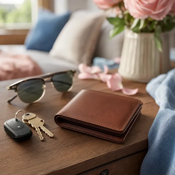 Slim brown leather wallet next to keys and sunglasses