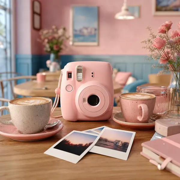 Pastel pink instant camera with instant prints on a cafe table