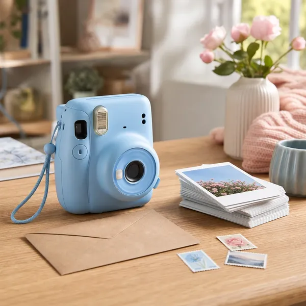Blue instant camera with instant prints and an envelope on a desk