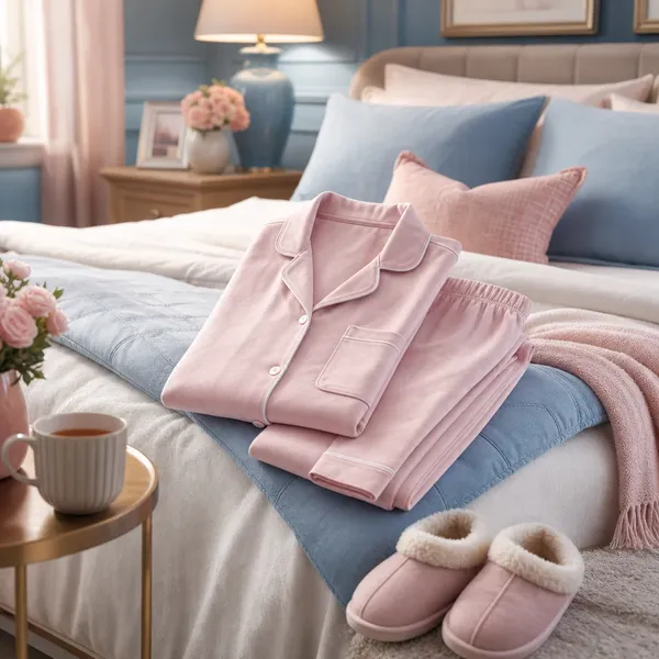 Folded pale pink pajama set on a bed next to a mug of tea