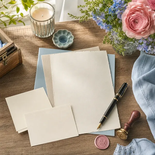 Stationery set with blank paper, postcards, a pen and a wax seal
