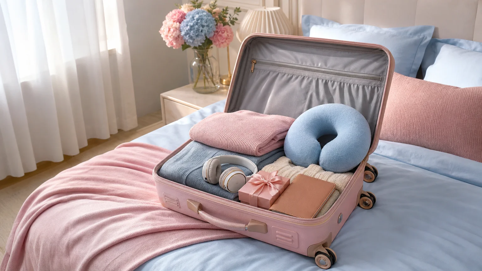 Half-packed pink suitcase on a bed with sweaters, headphones and a small gift