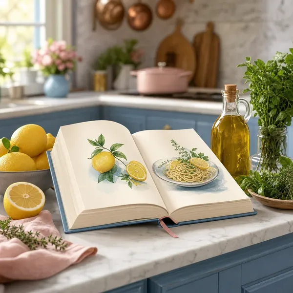 Livro de receitas aberto na bancada com limões, azeite e ervas