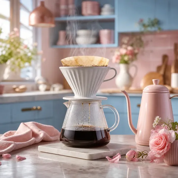 Coador de cerâmica passando café numa jarra de vidro
